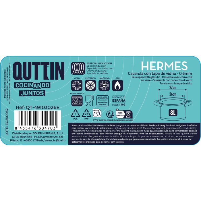 Cacerola 26Cm (8L) Acero Ind. C/T "Hermes" Qt (4 Unidades) 2 Cacerola 26Cm (8L) Acero Ind. C/T "Hermes" Qt (4 Unidades) 2