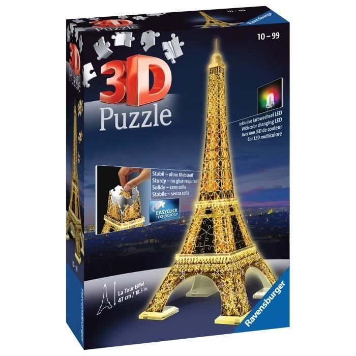 Ravensburger 3D Puzzle Torre Eiffel Night Edition 216 piezas, construcción sin pegamento, para niños y niñas de +10 años 1