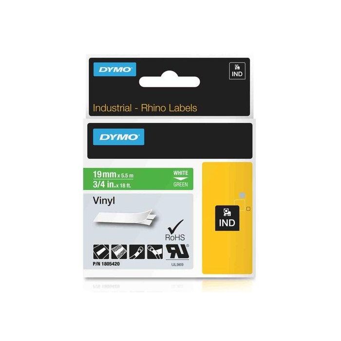 Dymo Id1-19 Rhino Cinta de Etiquetas Industrial Adhesiva Blanco Sobre Verde 19mm x 5.5m Vinilo