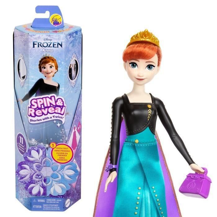 Muñeca frozen anna spin and reveal.incluye 11 sorpresas 5 accesorios y 5 pegatinas con una escena de juego inspirada en la pelicula.