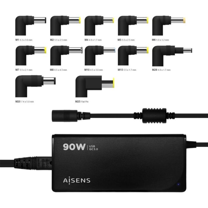 Aisens Cargador Universal Multitension Para Portatil 90 W Automatico Con 12 Conectores + Usb-A Qc.3.0 Aisens Cargador Universal Multitension Para Portatil 90 W Automatico Con 12 Conectores + Usb-A Qc.3.0