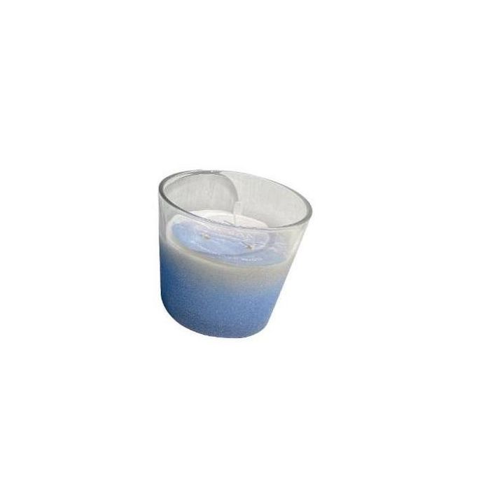 DKD Home Decor Vela Mediterraneo Cristal y Cera Azul Blanco 430gr 13.5x13.5x12.5 cm
