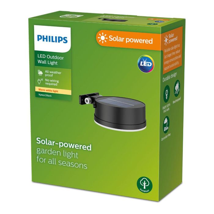 Aplique solar redondo, ip 44 1,5w, 200im 2700k, luz cálida, medidas: 11,2x4,6x14,1cm. philips 2