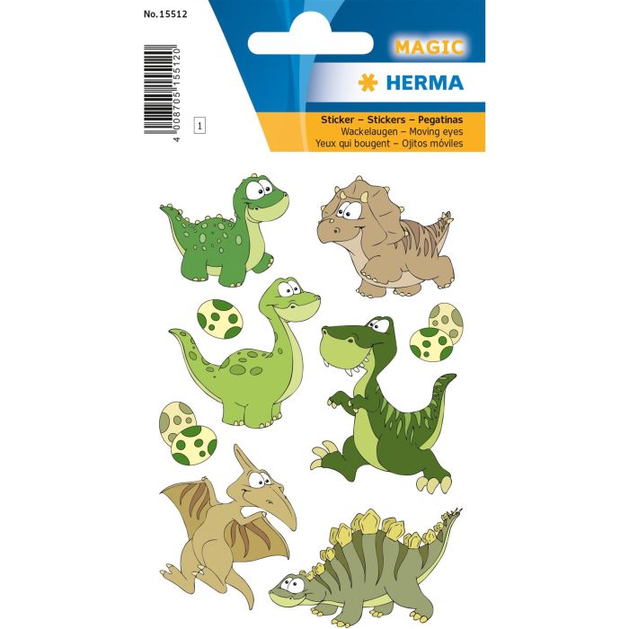 HERMA 15512 Stickers MAGIC Dinokinder con Ojos Móviles, Autoadhesivos, Dinosaurio, Plástico, Multicolor, 9 Piezas
