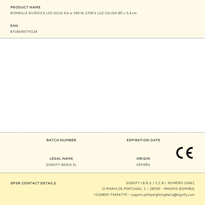 Philips Bombilla Dicroica LED GU10 4,6W 390lm 2700K Luz Calida Ø5 x 5,4 cm