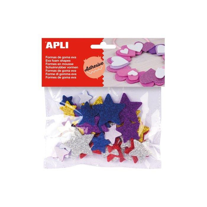 Apli Formas Goma Eva Adhesivas Estrellas Con Purpurina Metalizada, Colores Surtidos (Plata, Azul, Lila, Rojo, Oro), 50 Unidades
