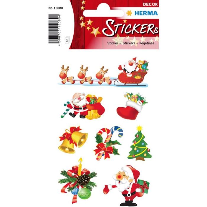 HERMA 15080 Pegatinas decorativas de Navidad Santa Claus, 24 unidades, 3 hojas, autoadhesivas permanentes de papel multicolor