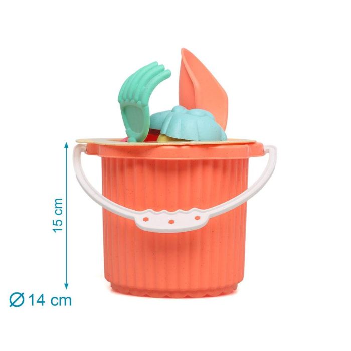 KioKids Set de Cubo de Playa Coral con 7 Piezas para Bebés, Incluye Cubo, Pala, Rastrillo, Tamiz y Moldes de Arena con Formas Marinas