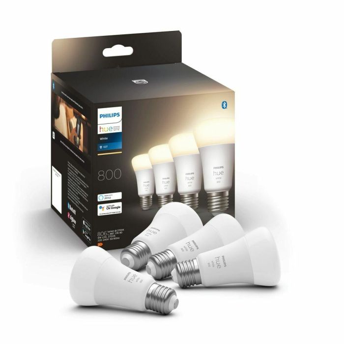 Philips Hue PHI8719514319141 Bulbo LED White Conectado E27, 60W Equivalente, 800 Lumen, Bluetooth, Pack 4 0 Philips Hue PHI8719514319141 Bulbo LED White Conectado E27, 60W Equivalente, 800 Lumen, Bluetooth, Pack 4 0