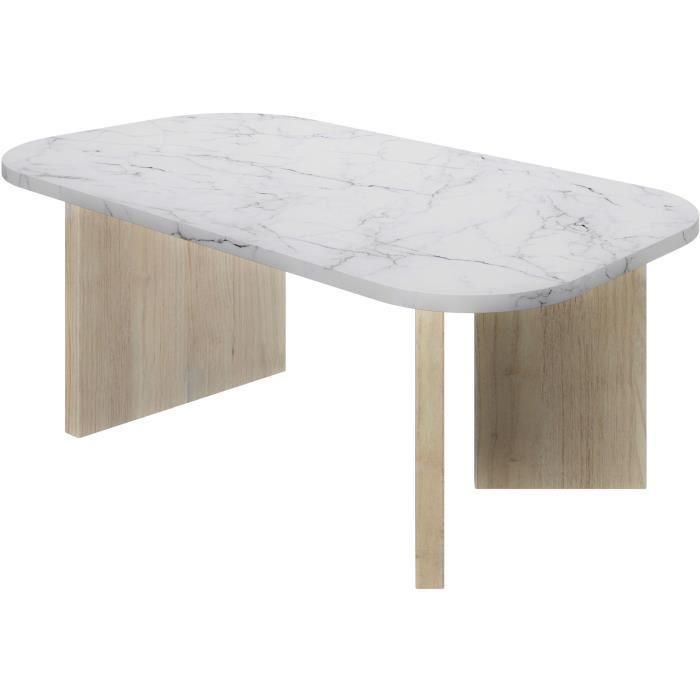 Mesa de centro ovalada - QUARTZ - Imitación mármol blanco - Patas gruesas de roble - 105 x 58 x 39 cm - DIAGONE