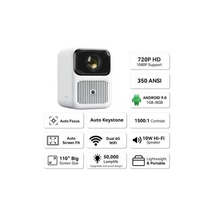 Wanbo Dali 1 Proyector Portátil HD 720p 350 ANSI WiFi 6 Bluetooth HDMI Android 9.0 Altavoz HiFi Autofoco hasta 100" Blanco 0.9kg 1 Wanbo Dali 1 Proyector Portátil HD 720p 350 ANSI WiFi 6 Bluetooth HDMI Android 9.0 Altavoz HiFi Autofoco hasta 100" Blanco 0.9kg 1