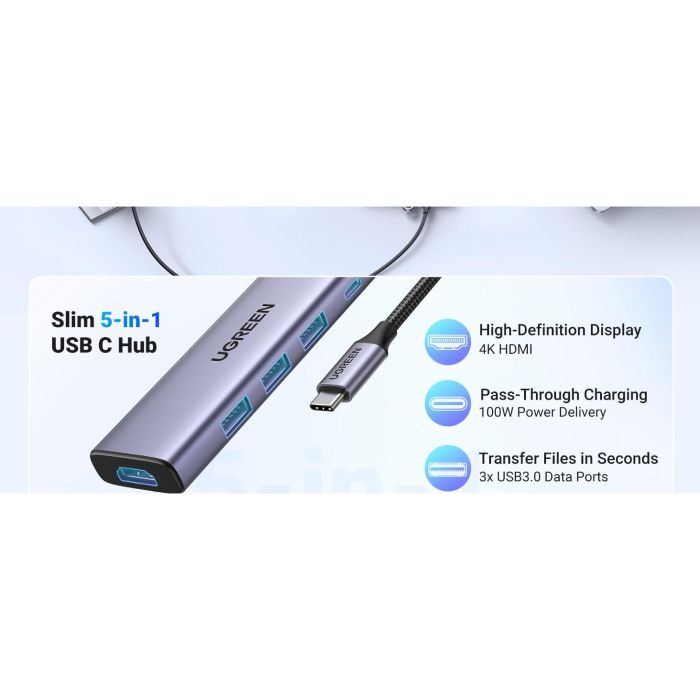 Ugreen Revodok 5-en-1 USB-C Hub con HDMI 4K y 3 Puertos USB-A 3.0 para Conectividad Extensa 2