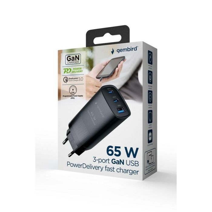 Gembird TA-UC-PDQC65-01-BK Cargador Universal de Pared 65W con Carga Rápida PD/QC 1x USB-A y 2x USB-C Negro 1