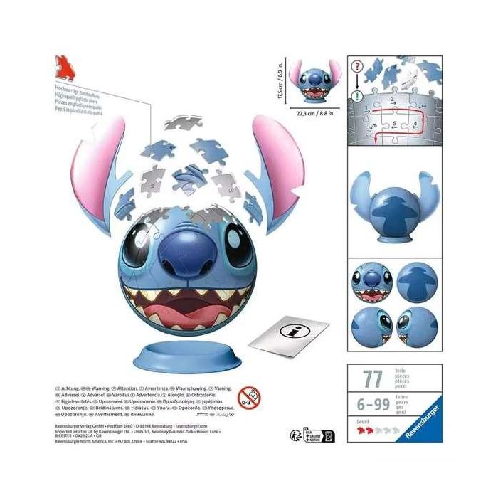 Ravensburger Puzzle 3D 72 piezas de Stitch con Orejas, Figura de 17.5 cm, Multilingüe (Español, Inglés, Francés, Alemán, Italiano)