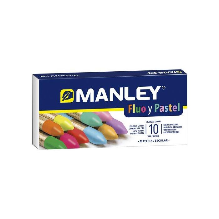 Manley Lápices de cera, caja de cartón, 10 colores surtidos flúor y pastel, suaves y resistentes a la luz
