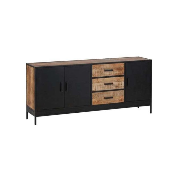 DKD Home Decor Buffet Loft de Madera de Mango y Metal Marrón y Negro con 3 Cajones, 3 Puertas y 2 Estanterías 160x40x90 cm