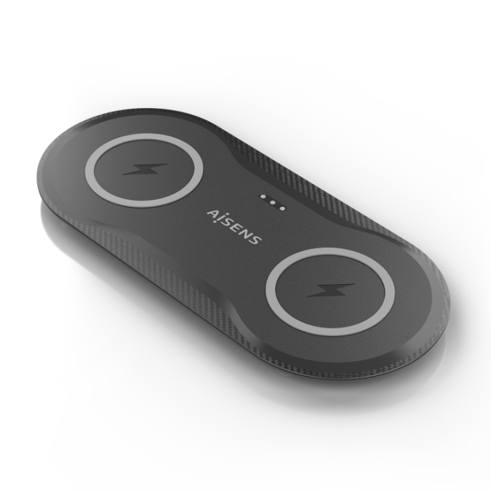 AISENS ASCH-15W2WC060-BK Cargador Inalámbrico 2 en 1 15W para Móvil y Auriculares, Carga Rápida Qi, Doble Zona, USB-C, Negro