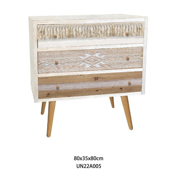 DKD Home Decor Cómoda Boho Blanco Natural de Abeto y Algodón con 3 Cajones 80x35x80 cm