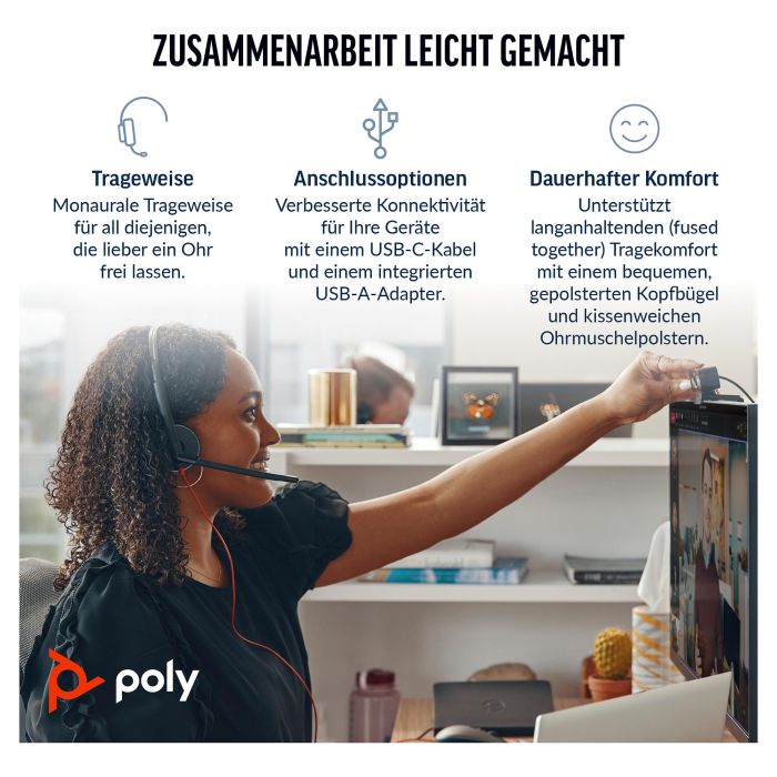 Poly Blackwire 3310 Auricular USB-A Monoauricular con Micrófono con Cancelación de Ruido Certificado para Microsoft y UC Negro 1