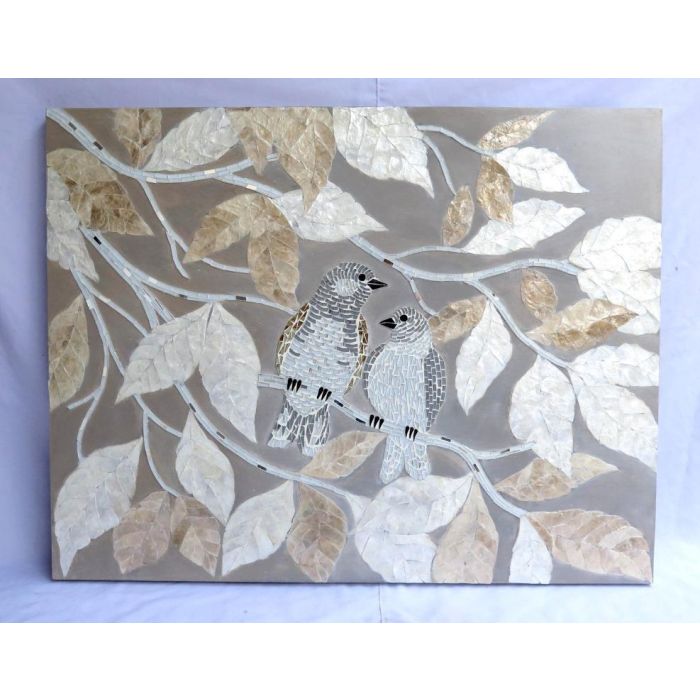 DKD Home Decor Decoración Pared Estilo Balinés con Hojas y Pájaros de Cristal y MDF en Beige y Gris 90x70x4 cm