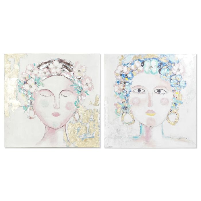DKD Home Decor Cuadro Escandinavo Pintado a mano Mujer Multicolor sobre Lienzo y Pino 100x100 cm Pack 2 Unidades