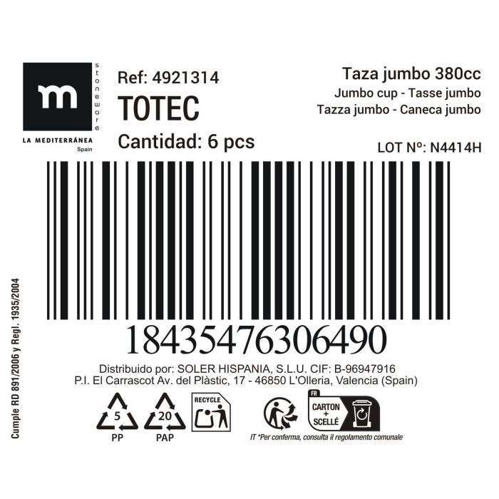 Inde Taza Jumbo Totec 380 cc Ø11.3x7.5 cm (18 Unidades) 1