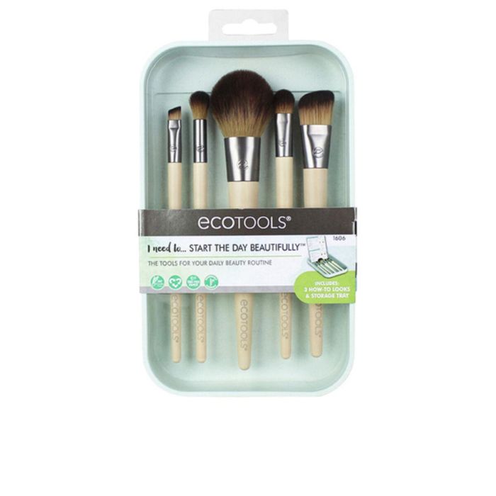 Ecotools START THE DAY BEAUTIFULLY Set de 5 Brochas de Maquillaje Completas para Rostro y Ojos, Ecológicas, Cruelty Free, Veganas