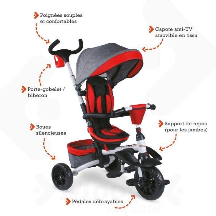 MONDO Triciclo evolutivo convertible y plegable con asiento giratorio - On & Go Moovi Explore - Rojo - 12 meses y más 4