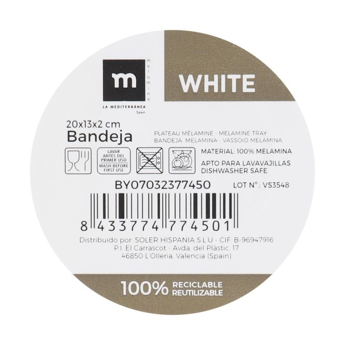 Bandeja Melamina Mate White 20x13x2 cm La Mediterranea (24 Unidades) 1 Bandeja Melamina Mate White 20x13x2 cm La Mediterranea (24 Unidades) 1