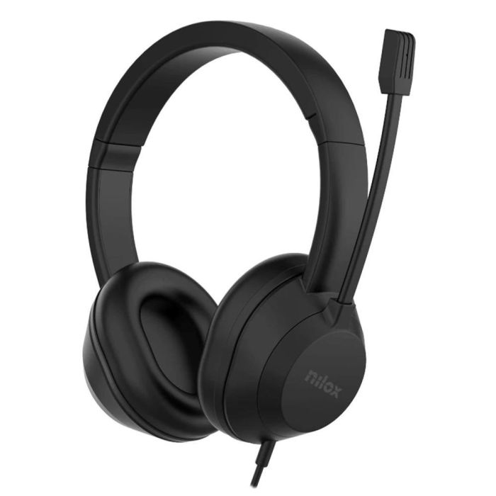 Nilox Auriculares con Micrófono Biaural Estéreo USB NXAUSB02, Control de Volumen, Almohadillas Suaves, Negro