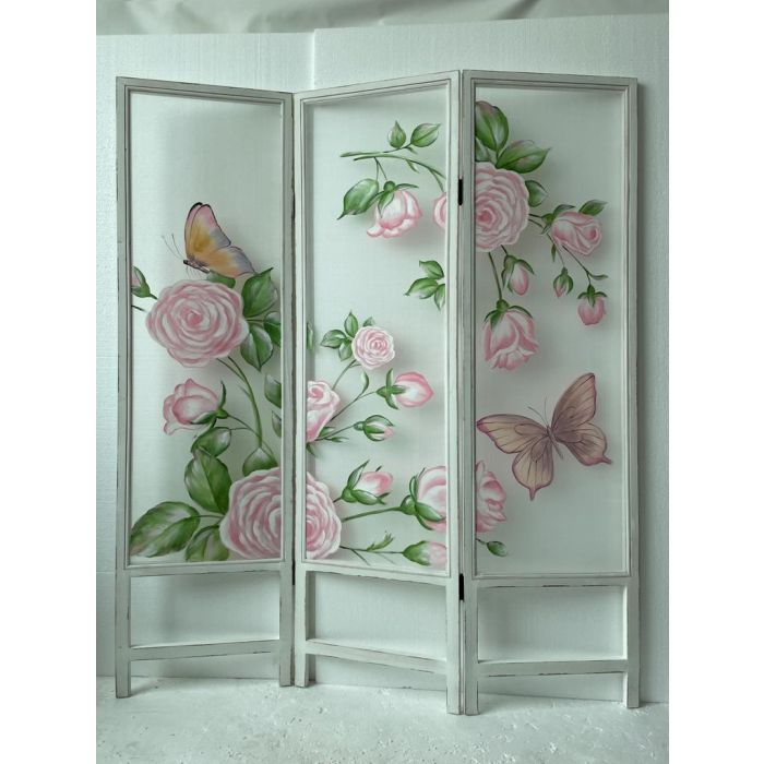 DKD Home Decor Biombo Shabby con Rosas, Biombo Separador Madera y Nylon, Colores Rosa Verde Blanco, 180 cm Alto x 150 cm Ancho