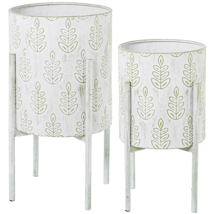 Set de Maceteros Alexandra House Living Blanco Verde Metal Hojas Con soporte (2 Piezas)