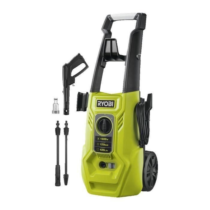Ryobi RYO4892210195135 Limpiador de alta presión 1600W, 120 bar, 420 L/h, manguera 5m, depósito 0.9L integrado, lanzas Vario y Turbo Ryobi RYO4892210195135 Limpiador de alta presión 1600W, 120 bar, 420 L/h, manguera 5m, depósito 0.9L integrado, lanzas Vario y Turbo