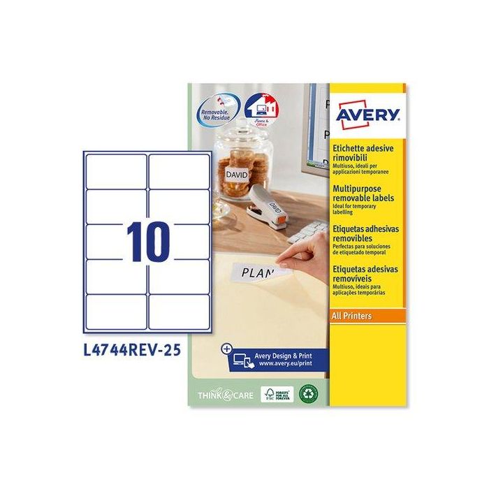Avery Etiquetas Adhesivas Removibles 96x50,8 mm Blanco para Inkjet y Láser, Paquete de 10 X 25H
