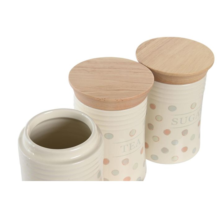 DKD Home Decor Bote Hermético con Topitos de Gres y Bambú Beige 10x16x10 cm - Set de 3 Unidades 2 DKD Home Decor Bote Hermético con Topitos de Gres y Bambú Beige 10x16x10 cm - Set de 3 Unidades 2
