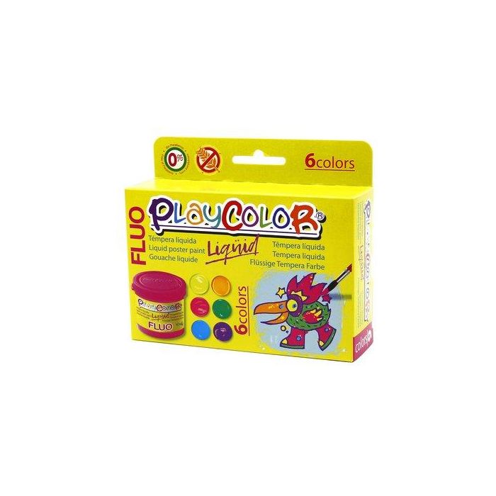 Playcolor Tempera Líquida Flúor 40 ml, 6 Colores Surtidos, Sin Disolventes, Sin Parabenos, A partir de 3 Años
