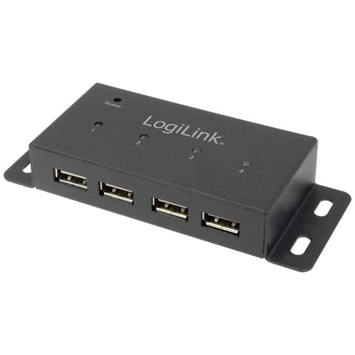 LogiLink UA0141A USB 2.0 HUB de 4 puertos, montable, 480 Mbit/s, carcasa de metal negra, con adaptador AC