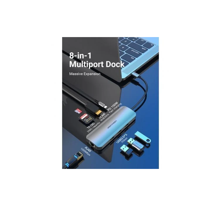 Vention TOKHB Docking USB Tipo-C con HDMI 4K, 3xUSB 3.0, 1xUSB Tipo-C PD 100W, 1xRJ45 Gigabit, Lector SD/MicroSD, Gris 1