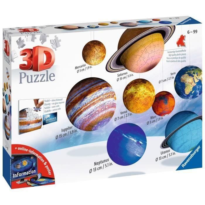 Ravensburger Puzzle 3D Sistema Solar - Juego de 8 Planetas Rompecabezas Redondos para Reconstruir el Sistema Solar, Edad 7-99 años 1