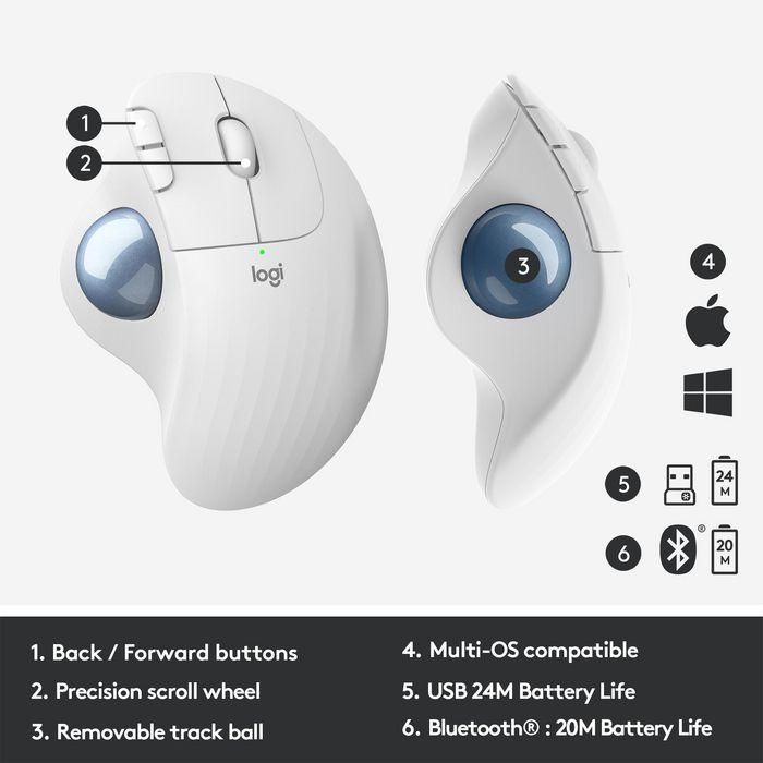 Logitech ERGO M575 Ratón Trackball Inalámbrico RF/Bluetooth, 2000 DPI, Blanco, Incluye Receptor Nano y Pilas, Para Mano Derecha