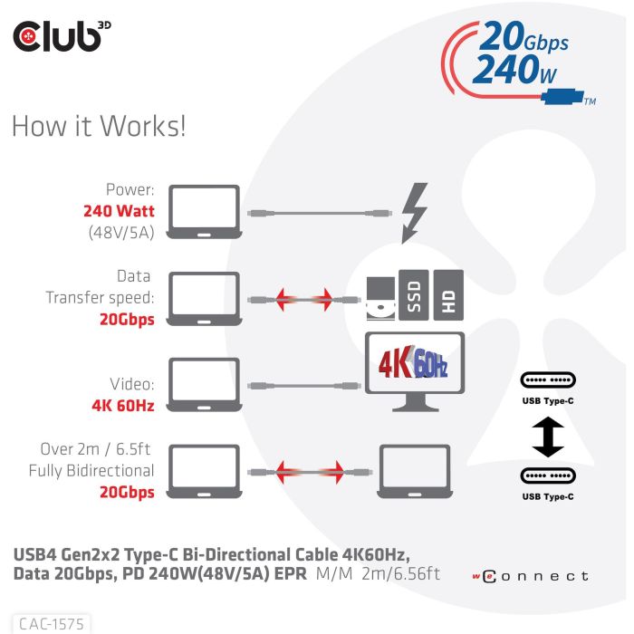 Club3D Cable USB 4 Tipo C PD 240W / 4K / 20Gbps 2m Macho/Macho 10 Club3D Cable USB 4 Tipo C PD 240W / 4K / 20Gbps 2m Macho/Macho 10