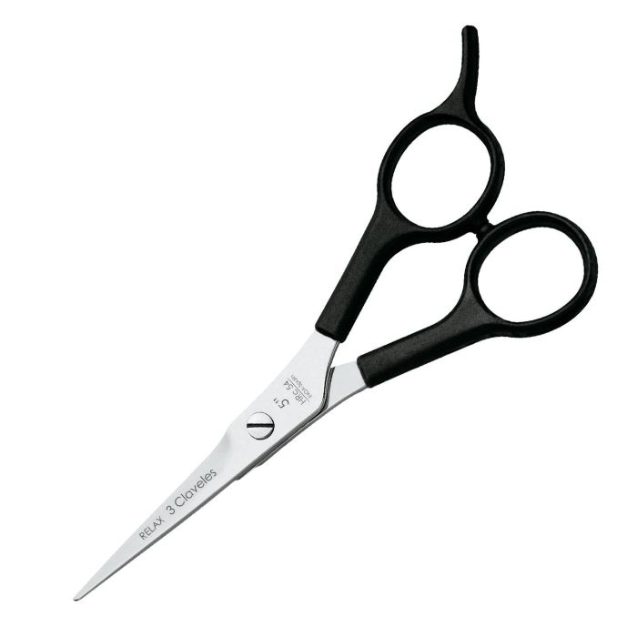 Tres Claveles Tijera de Peluquero Scuola 6" Negra de Acero Inoxidable con Filo Microdentado y Apoyadedos para Corte Profesional