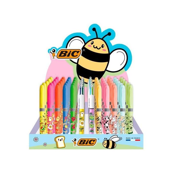 Bic Bolígrafos 4 Colores Diseño y Marcadores Highlighter Surtidos Tonos Pastel y Flúor Expositor 144 Unidades