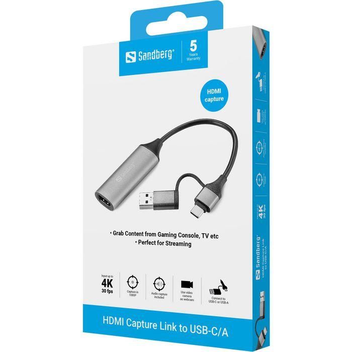 Sandberg HDMI Capture Link a USB-C/A para Streaming y Grabación 4K - Adaptador de Vídeo y Audio para Cámaras y Consolas 2