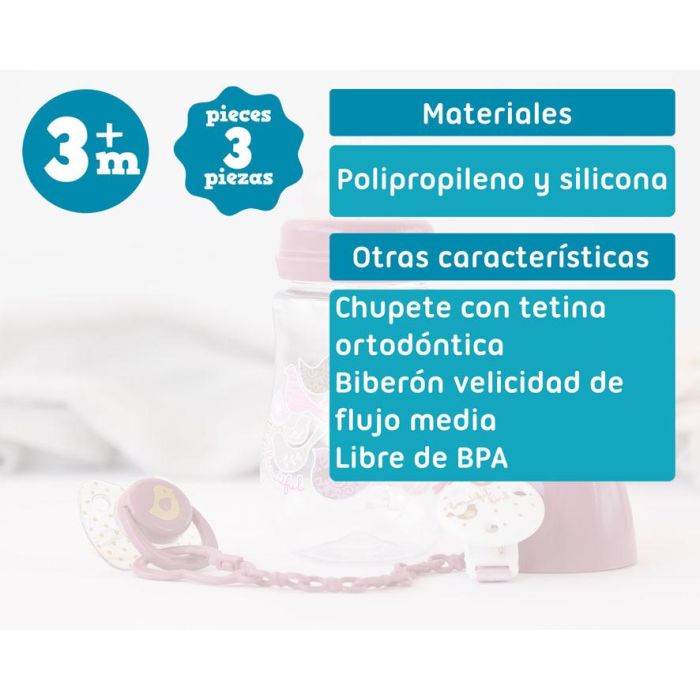 KioKids Set Biberón 250 mL, Chupete Ortodóntico Silicona y Pinza Sujetachupete Rosa | Bebés +6 Meses 4
