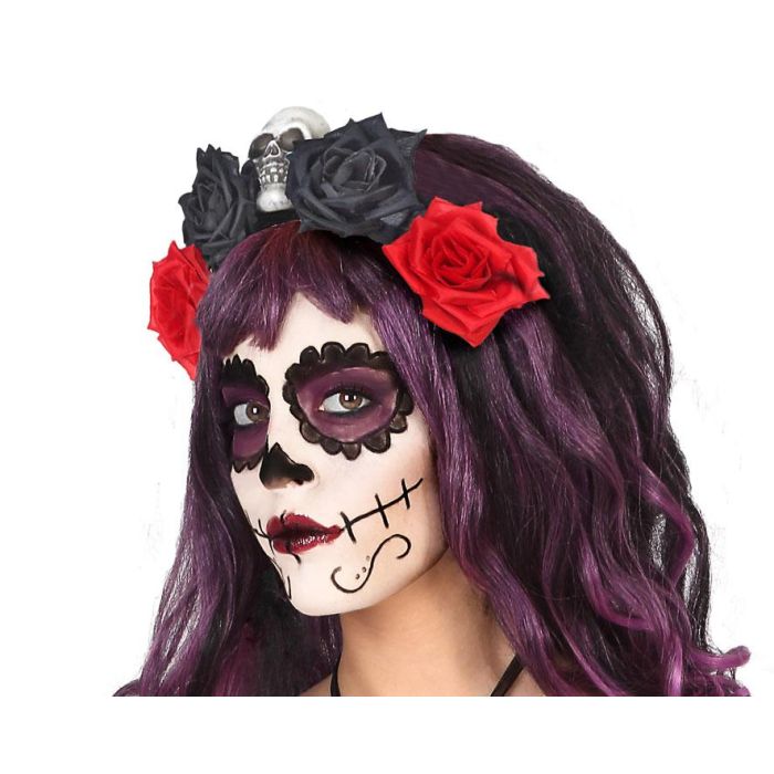 Diadema Halloween Calavera Rosas Negras Rojas