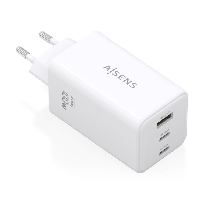 AISENS Cargador GaN 100W 2x USB-C PD3.0 QC5.0/4.0 1x USB-A QC3.0 Blanco para Portátiles/Móviles/Tablets