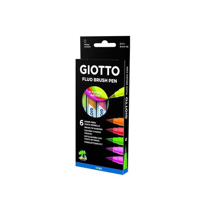 Giotto Rotulador Turbo Soft Fluo Punta de Pincel Caja 6 Unidades Colores Surtidos Tinta Soluble Agua Fluorescente Pastel
