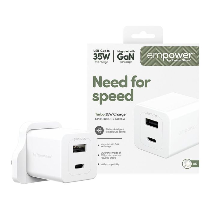 PanzerGlass empower™ Turbo 35W Cargador Rápido con USB-C y USB-A, Enchufe UK, Blanco Plata 1 PanzerGlass empower™ Turbo 35W Cargador Rápido con USB-C y USB-A, Enchufe UK, Blanco Plata 1
