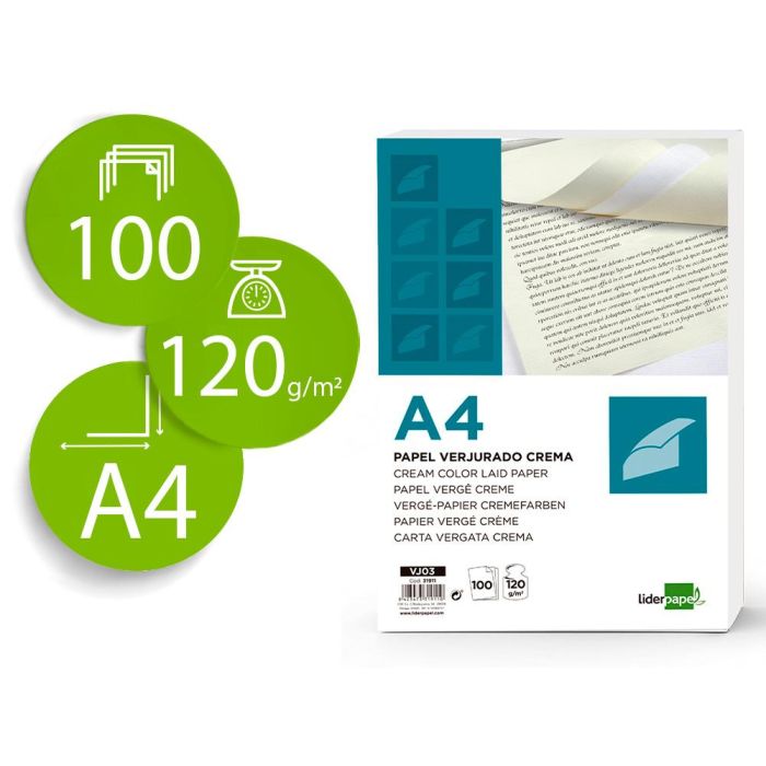 Papel Verjurado Liderpapel A4 120 gr-M2 Crema Paquete De 100 Hojas